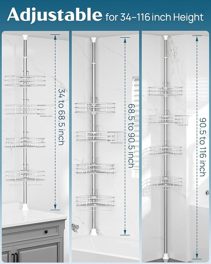 SEIRIONE Corner Shower Caddy Tension Pole, Quick Setup, Rust-Free Bathroom - Image 2