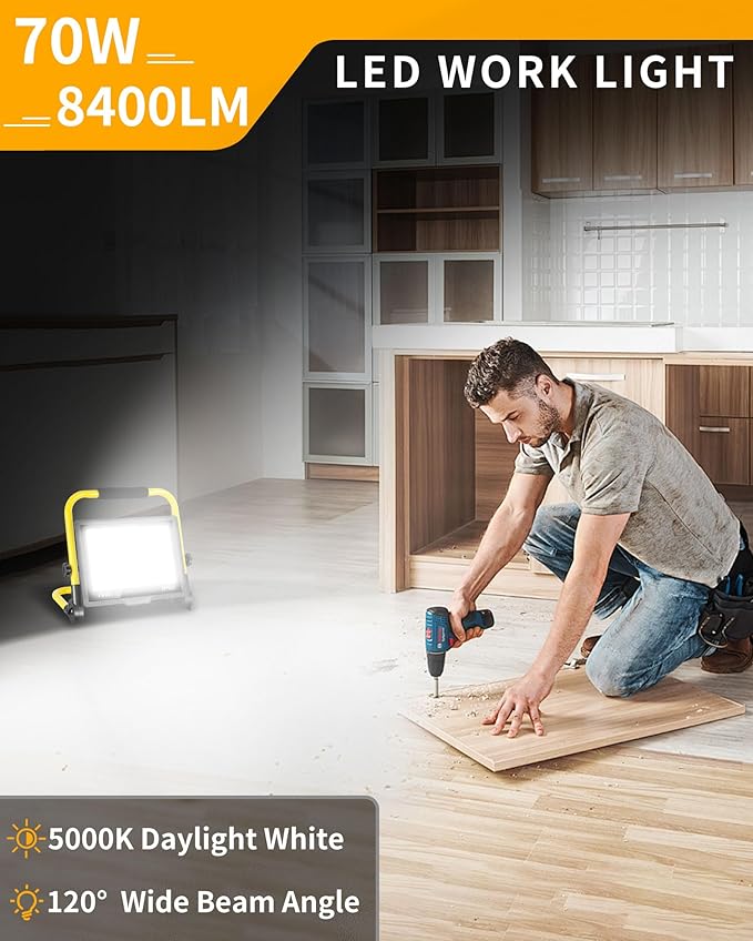 8400LM LED Work Light with 16FT Cord & Switch, 70W Outdoor Flood Light - Image 3