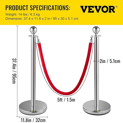 VEVOR Stanchion Post with Velvet Ropes, Stainless Steel Queue Barrier Line - Image 10