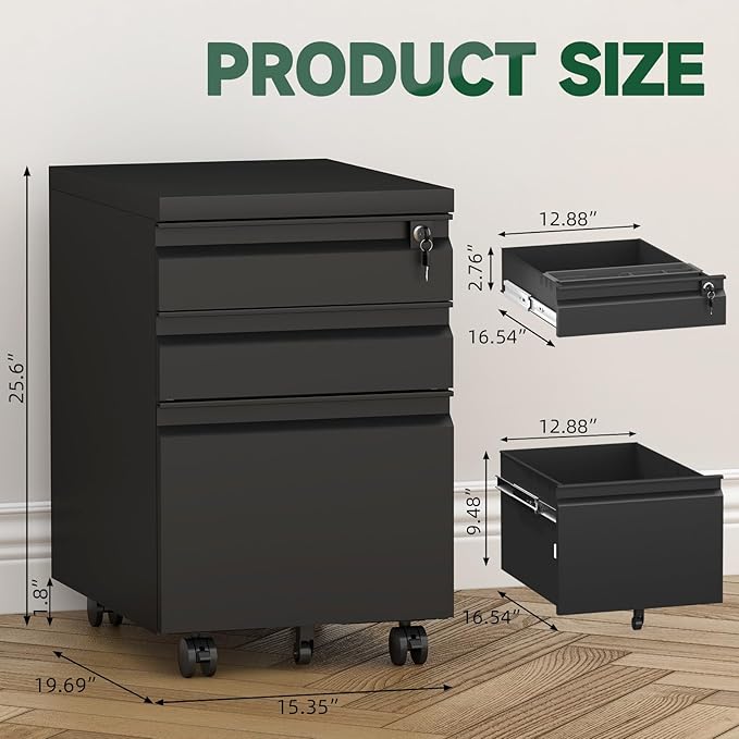 3 Drawer Black File Cabinet - Image 3