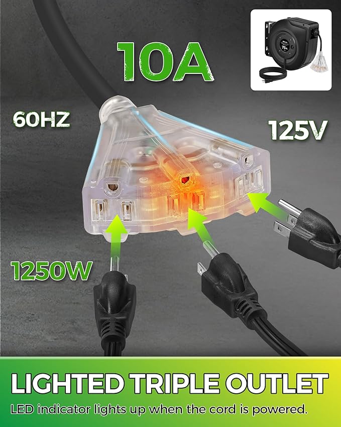 Retractable Cord Reel, 75 FT Heavy Duty Extension Cord, 14AWG/3C SJTOW - Image 5