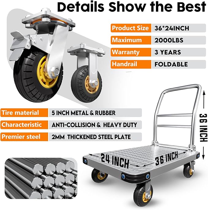 Heavy Duty Platform Truck Flat Moving Cart Hand Trucks, 2000Lbs Steel Push Cart - Image 3
