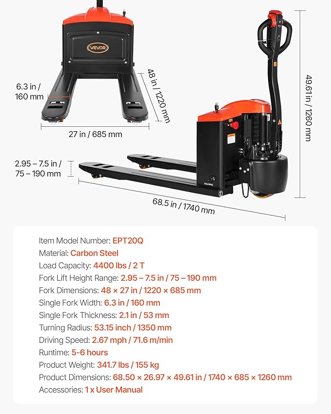 VEVOR Electric Pallet Jack, 4400 lbs Load Capacity, Lithium Battery Powered - Image 7