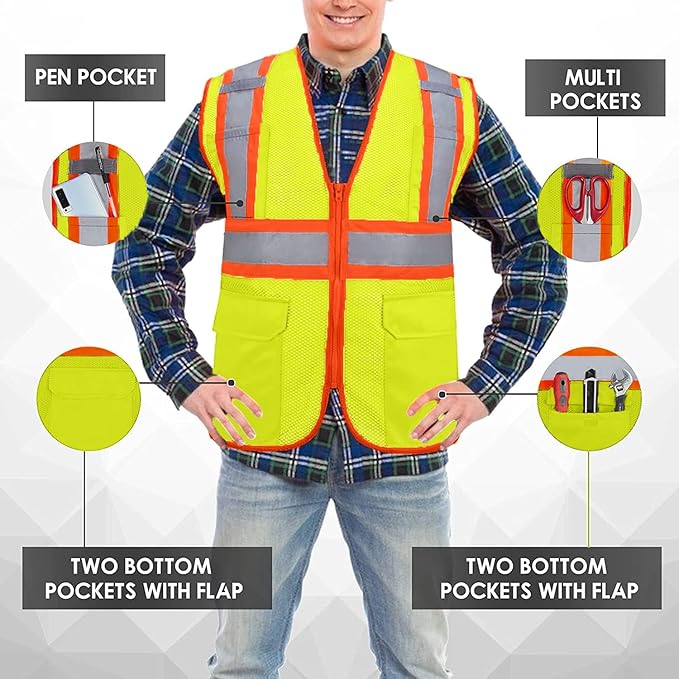 Custom Safety Vest with Logo Pockets High Visibility Reflective Vests - Image 2
