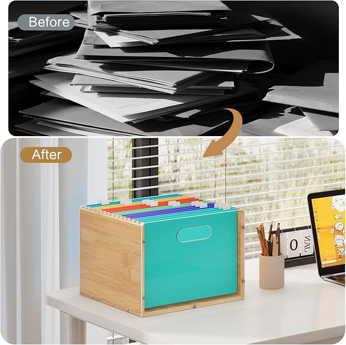 Hanging File Organizer, Bamboo Filing Box File Crate Organizer Storage Boxes - Image 7