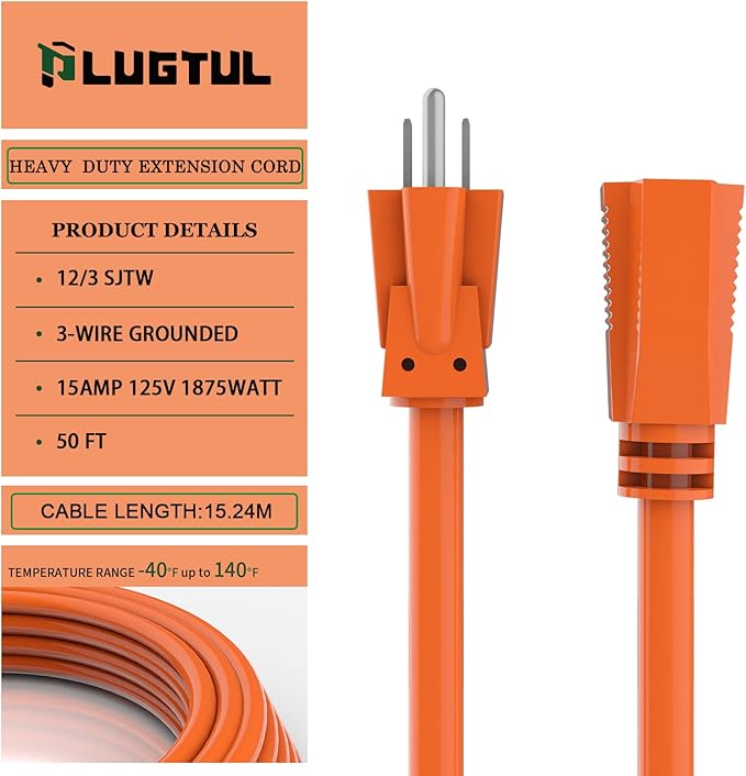 PLUGTUL 50 FT 12/3 Outdoor Extension Cord Waterproof, Heavy Duty 12 Gauge SJTW - Image 2