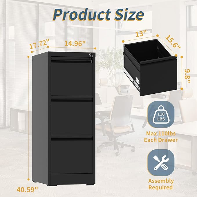 3 Drawer File Cabinet with Lock, Vertical Filing Cabinets - Image 3