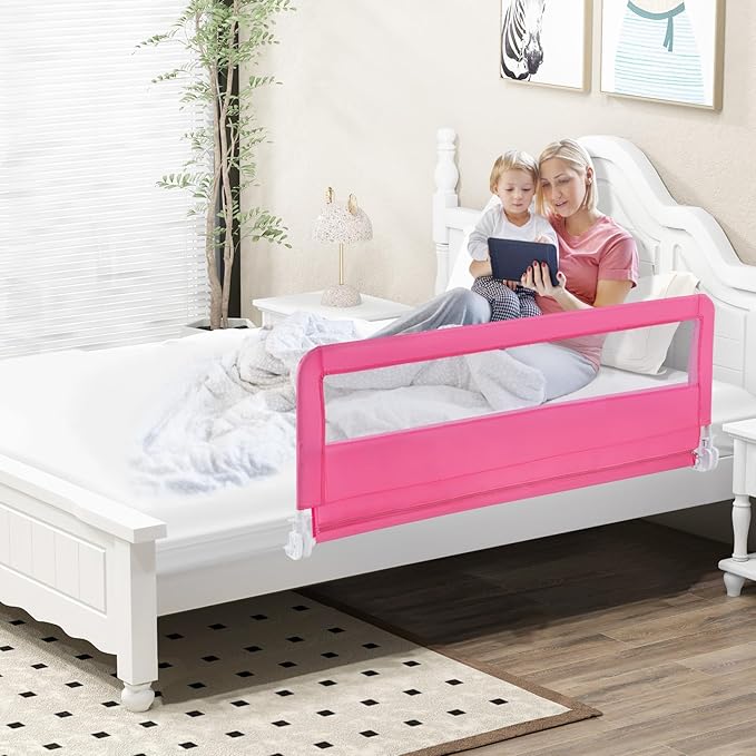 BABY JOY Bed Rails for Toddlers, Swing Down Bed Guard w/Safety Straps, Folding - Image 2