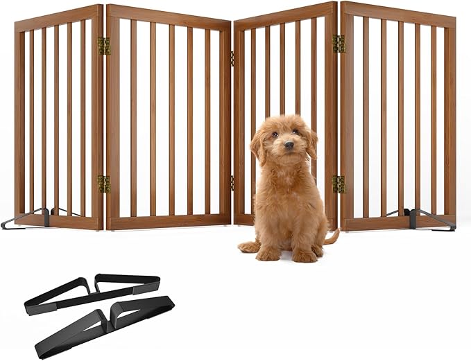 Freestanding Pet Gate Foldable 4 Panel Dog Gate Walnut Dog Gates - Image 6