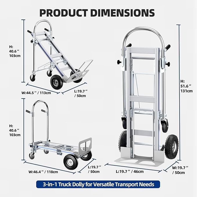 Aluminum Hand Truck, 3 in 1 Convertible Hand Truck Dolly 1000 Lbs Capacity - Image 4
