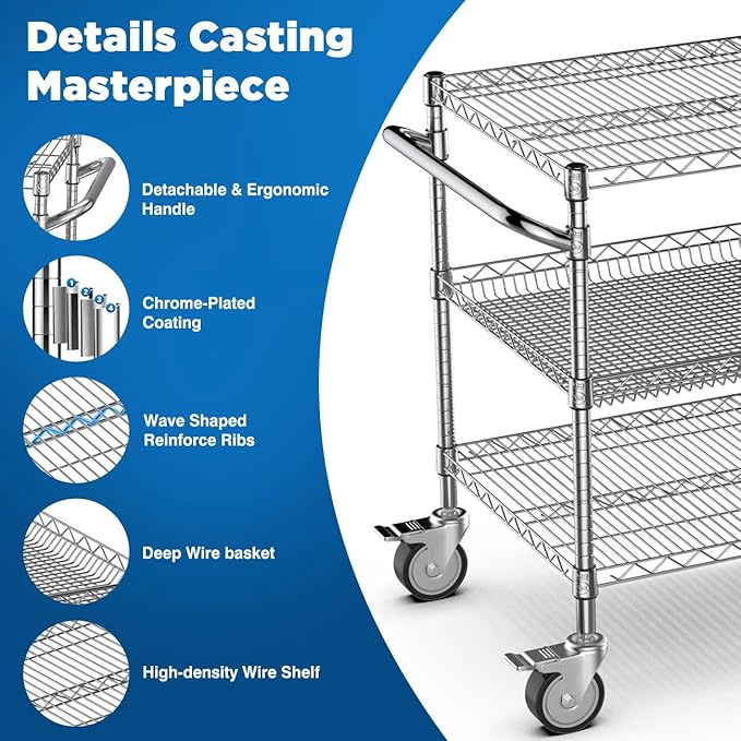 Leteuke 1120LBS Heavy Duty Rolling Utility Cart, 3 Tier Rolling Carts - Image 3