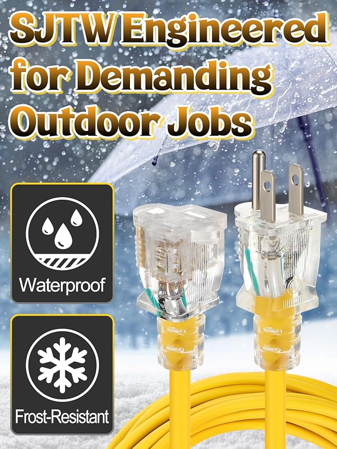 Lighted End Heavy Duty Outdoor Extension Cord Waterproof -16AWG, 3 Prong - Image 2