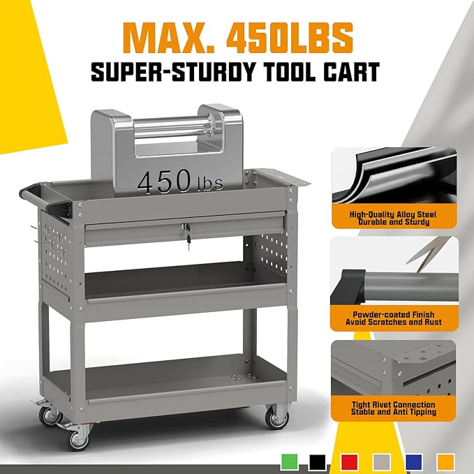 3 Tier Rolling Tool Cart on Wheels, 450 LBS Capacity Tool Cart - Image 4