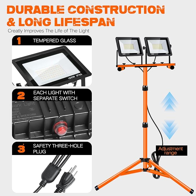 21000 Lumen Work Lights with Stand, 3 Adjustable Head LED Work Light, with - Image 6