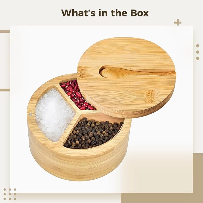 3-Compartment Wooden Salt and Pepper Box, Spice Condiment Holder - Image 4
