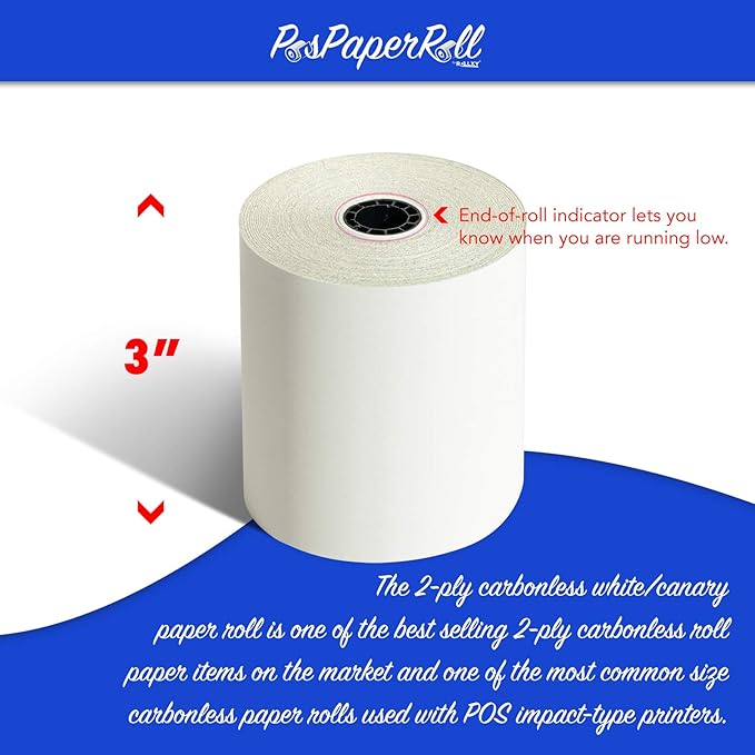 50 Rolls 3" x 95' 2-Ply Carbonless White/Canary Cash Register Paper - Image 3