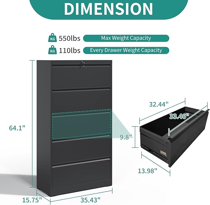 5 Drawer Lateral File Cabinet, Metal Filing Cabinets - Image 3