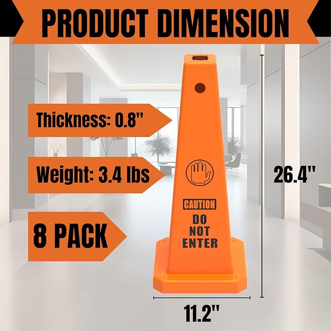 Caution Wet Floor Sign, 26.4-Inch Safety Cone, 8 Pack Yellow Plastic, - Image 2