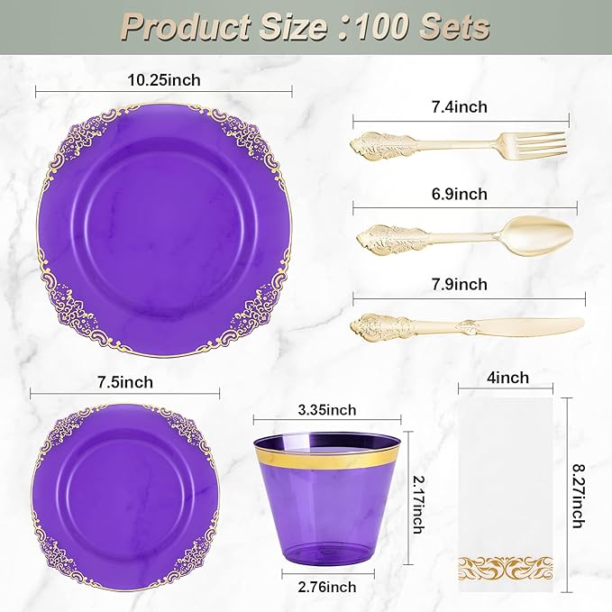700PCS Clear Purple Plastic Plates - Image 2