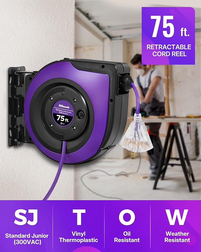 Extension Cord Reel, 75 FT Retractable Extension Cord Reel, 14AWG/3C SJTOW - Image 9