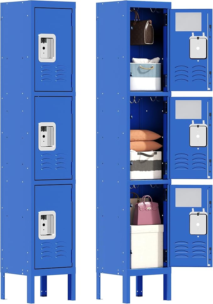 3 Tier Metal Lockers for Employees 66" Blue Storage Locker by OPTYMIRA