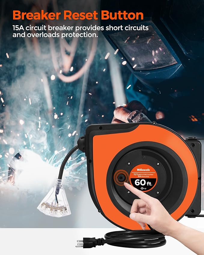 Retractable Cord Reel, 60 FT Heavy Duty Extension Cord, 12AWG/3C SJTOW - Image 6