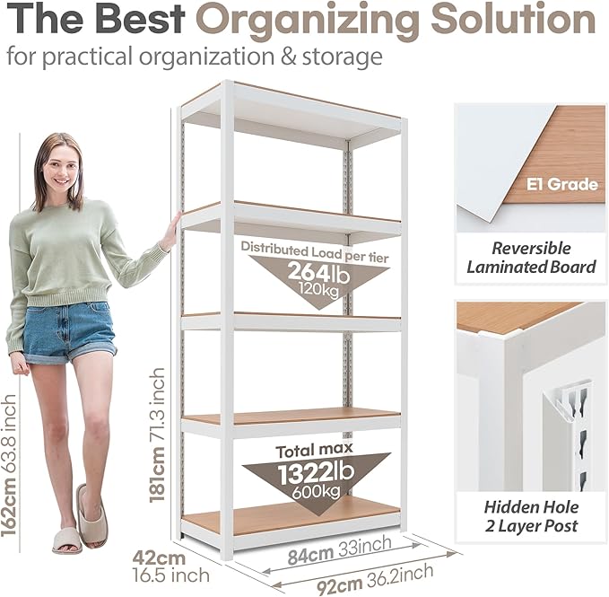 HOMEDANT House 5 Tier Laminated Metal Shelving Unit Adjustable Storage Utility - Image 2
