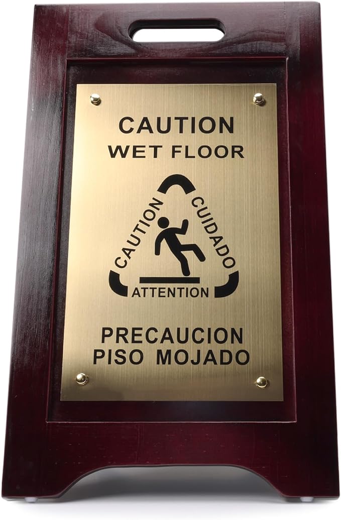 Premium Wooden Caution Wet Floor Sign – Bilingual w/Non-Skid Plastic Feet – - Image 2