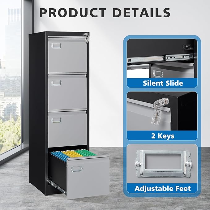 4 Drawer File Cabinet with Lock Metal Vertical Filing Cabinet Office Home - Image 5