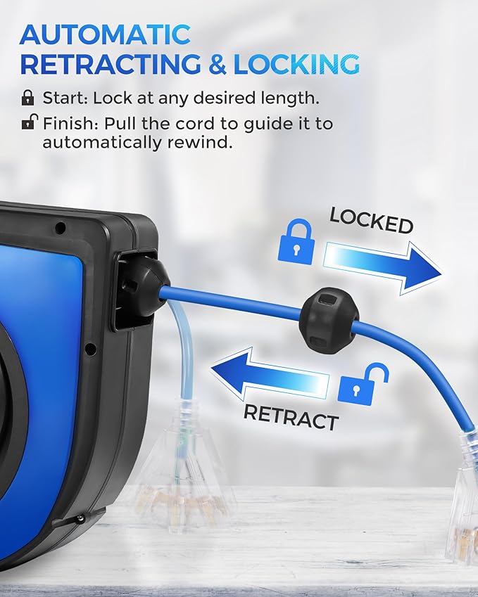 Retractable Cord Reel, 60 FT Heavy Duty Extension Cord, 12AWG/3C SJTOW - Image 4