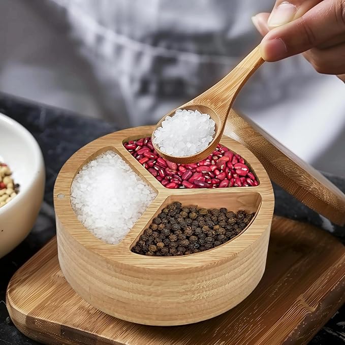 3-Compartment Wooden Salt and Pepper Box, Spice Condiment Holder - Image 5