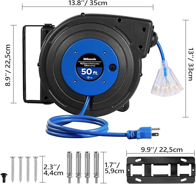 Retractable Extension Cord Reel, 50 FT Heavy Duty Power Cord, 14AWG/3C SJTOW - Image 2