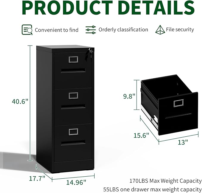 Black Metal File Cabinet with 3 Drawer, Vertical File Cabinet with Lock - Image 3