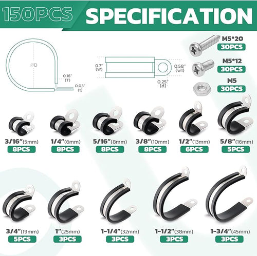 150PCS Cable Clamps with Screws Assortment Kit 304 Stainless Steel Rubber - Image 2
