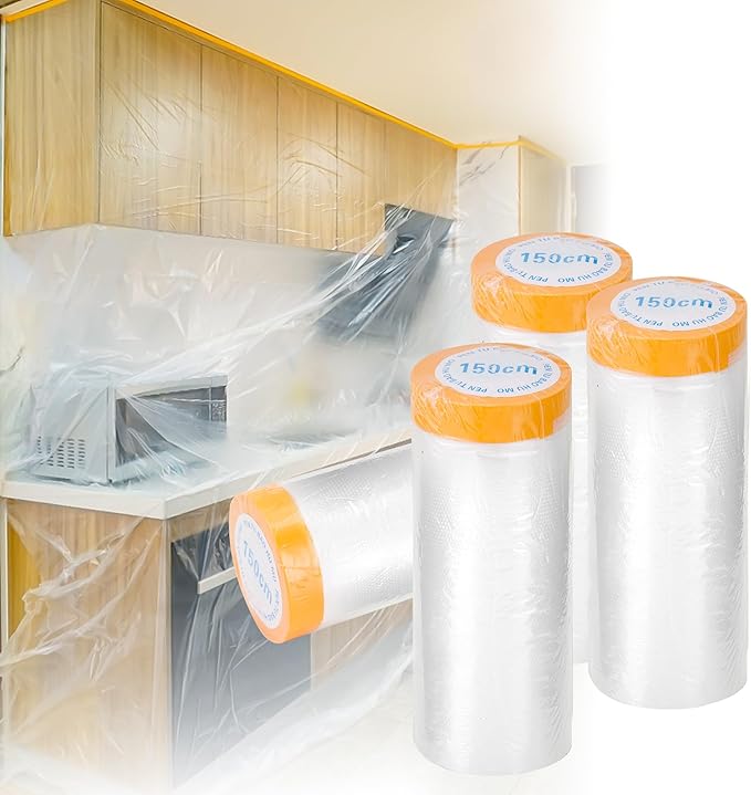 Pre-Taped Masking Film 4 Pack 59 in x 65 feet Rolls, Tape and Drape, Painters by MATUFF