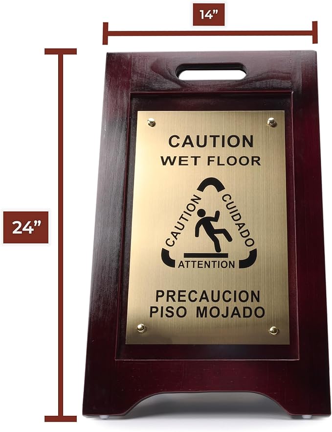 Premium Wooden Caution Wet Floor Sign – Bilingual w/Non-Skid Plastic Feet – - Image 4