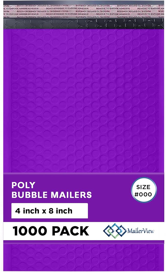 Purple Small Bubble Mailers 4x8 Inch #000 | Thick Padded Poly Bubble Mailer by MAILERVIEW