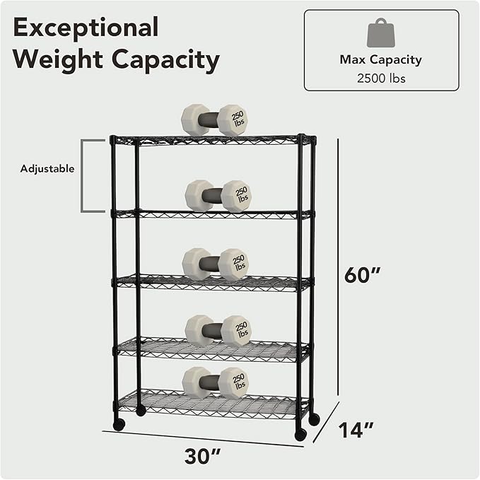 5 Tier Wire Shelving Unit Storage Rack, Metal Heavy Duty Utility Organizers - Image 2