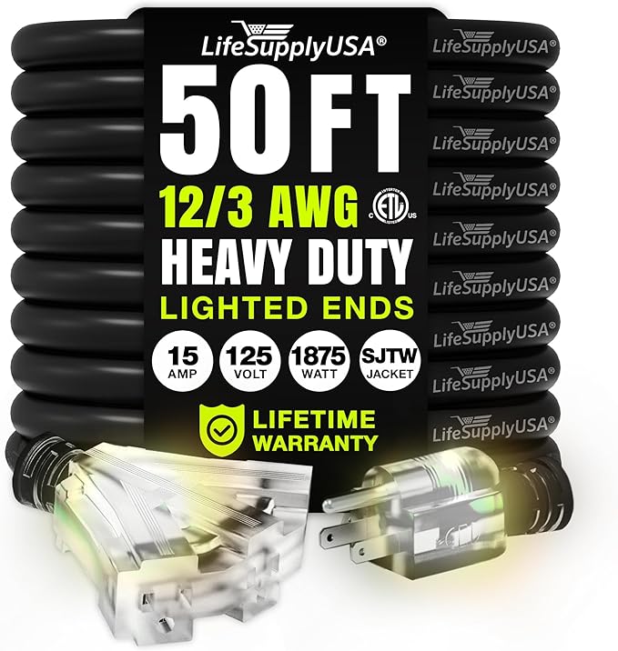 50ft Outdoor/Indoor Extension Cord 3-Outlet 12/3 Gauge Extra Heavy Duty ETL by LifeSupplyUSA