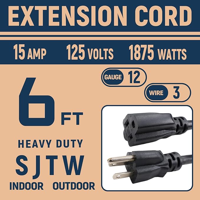 12 Gauge Indoor Outdoor Heavy Duty Black Extension Cord 6 FT, 12 AWG SJTW - Image 2