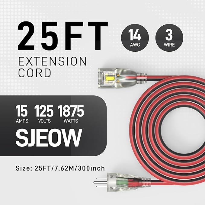25FT 14/3 Gauge Heavy Duty Outdoor Extension Cord Waterproof - Image 2