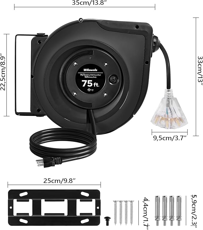 Retractable Cord Reel, 75 FT Heavy Duty Extension Cord, 14AWG/3C SJTOW - Image 7