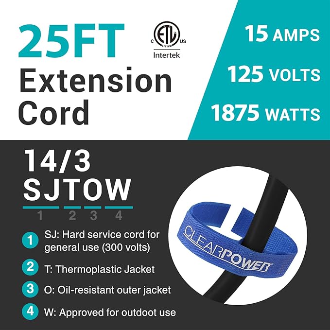 Clear Power 25ft Oil Resistant Heavy Duty Extension Cord 14/3 SJTOW, 3 Prong - Image 2