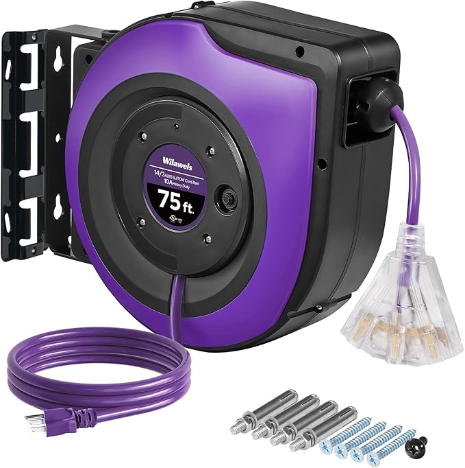 Extension Cord Reel, 75 FT Retractable Extension Cord Reel, 14AWG/3C SJTOW by Wilawels