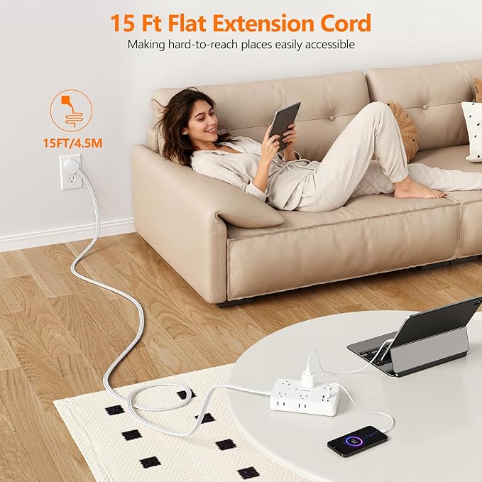 Surge Protector Power Strip-TerHavn 15 FT Flat Extension Cord ，10 AC Outlets & - Image 7