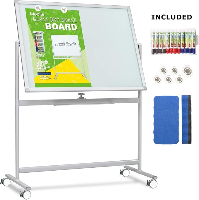 Mobile Glass Whiteboard, Magnetic Double-Sided Easel Style Glass Dry Erase - Image 9