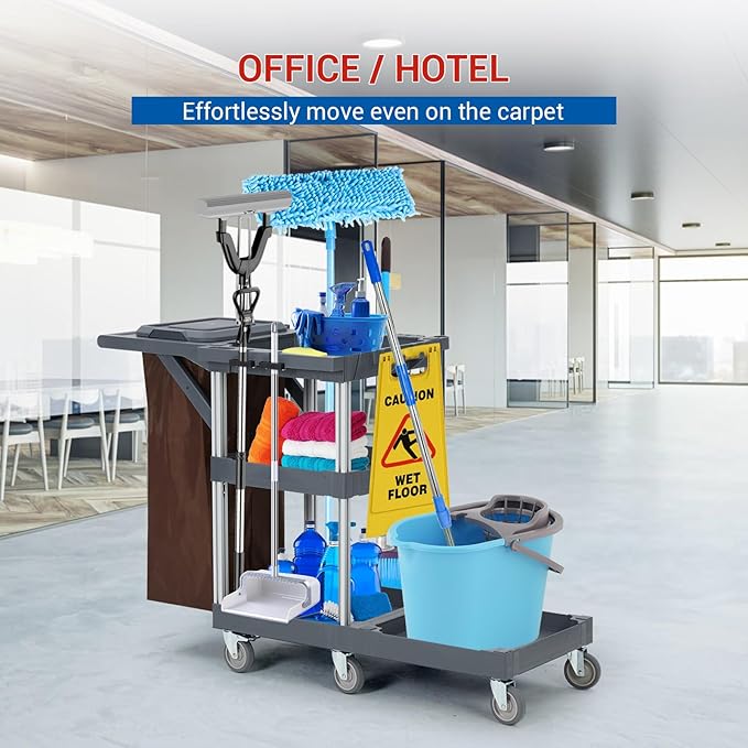 Heavy-Duty Cleaning Cart with Wheels & Shelves, 3-Tier Rolling Service Cart - Image 3