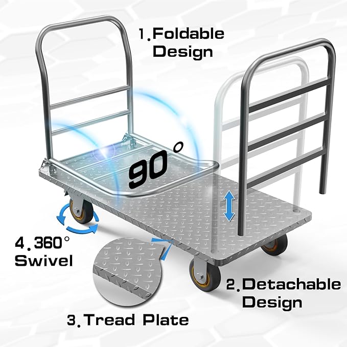Platform Truck Cart with Detachable Baffle Guardrail, Heavy Duty 48x24 Inch - Image 7