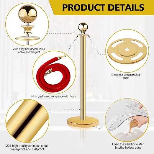 Stainless Steel Stanchion Post Queue 5 ft Red Velvet Rope Red Carpet Ropes and - Image 3