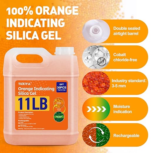 11 LBS Orange Indicating Silica Gel Desiccant Beads, Rechargeable Silica Gel - Image 3